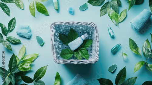 Sustainable laundry basket illustration, recycled materials, surrounded by eco-friendly detergent pods, promoting a green lifestyle, with copy space