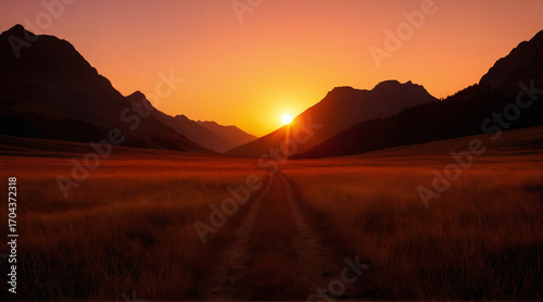 sunset landscape scene. the sun sinks behind mountains. 