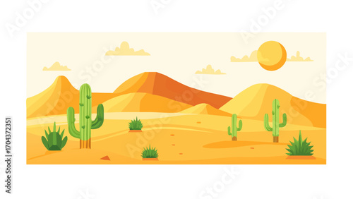 Serene desert vista, with sun shining on the sandy dunes and cactus silhouettes in the arid landscape