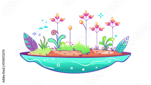 Whimsical floating island with cute flowers and plants, perfect for fantasy game design and storybook illustrations