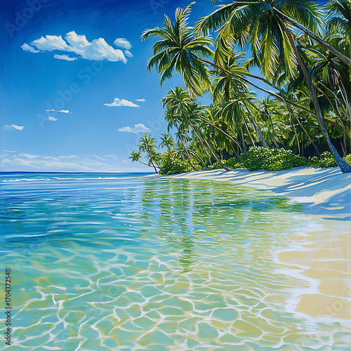 Wallpaper Mural Tropical paradise painting with palm coastline and blue sea high resolution picture Torontodigital.ca