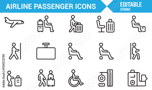 Vector line art icons representing passengers, flights, terminals, and airport services