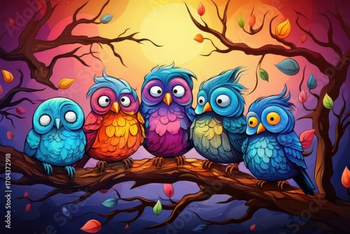 Cute cartoon sleepy birds huddled on a tree branch with bright cheerful colors and whimsical expressions