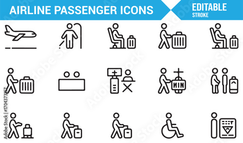 Airline passenger vector icons showing travel process, luggage, boarding, and airport facilities