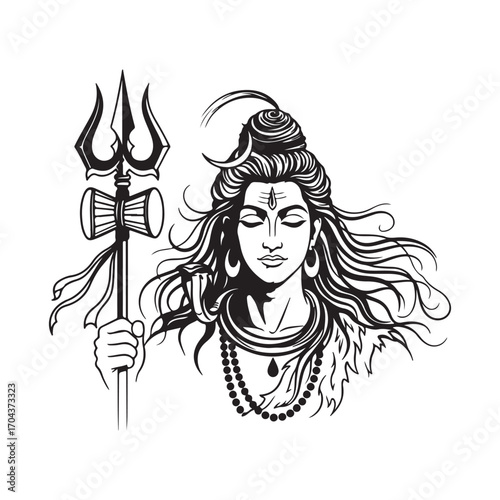Lord Shiva with trident portrait line art – Hindu god of destruction, meditation and power vector art.