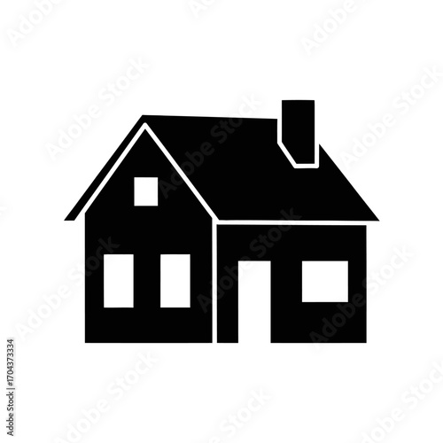 Simple black silhouette icon of a cozy house with roof detail and chimney silhouette