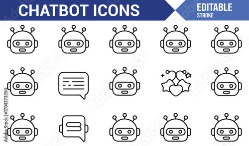 Editable stroke line chatbot head pack, AI robot avatar icons for messaging and service