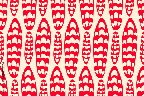 Abstract design featuring vertical rows of stylized, bulbous forms in red. A minimalist, graphic pattern with organic, elongated elements. design  for textile design, fabric, wallpaper, covers, cards