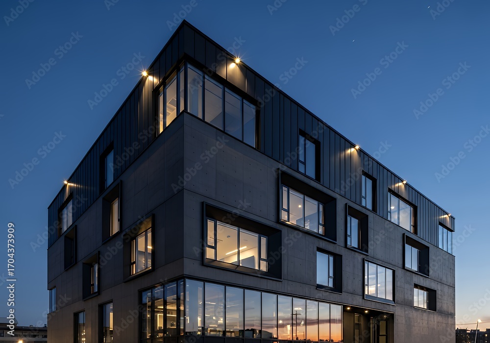 Fototapeta premium Modern Multi-story Building Exterior at Night with Illuminated Windows and Clear Sky