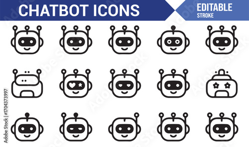Minimalist robot face icons showing emotions, AI assistant pack for apps and services
