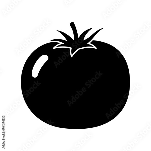 Simple silhouette of a ripe tomato with stem and leaves graphic element silhouette