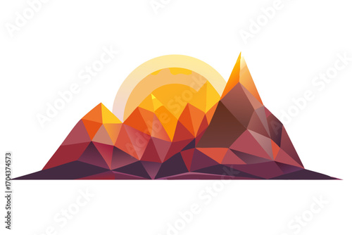 Geometric polygonal mountain range with a low poly sun rising