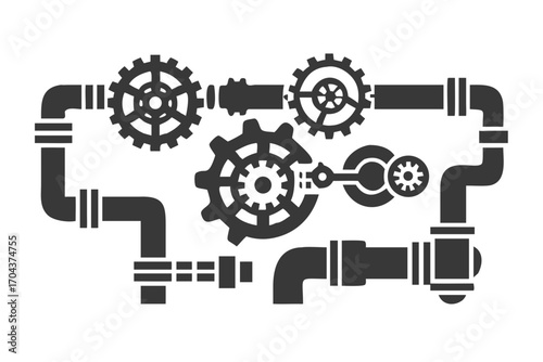 Monochromatic silhouette of a mechanical system with interconnected gears and pipes, representing industry and engineering