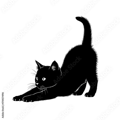 Playful black cat silhouette stretching and twisting with grace and energy silhouette