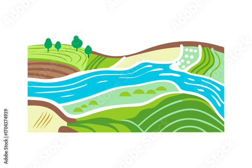 Stylized landscape illustration of a river passing through terraced fields and hills with a dam