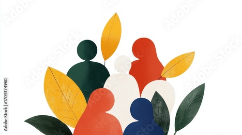 A colorful, abstract illustration depicting five figures surrounded by leaves, symbolizing community, diversity, and nature.