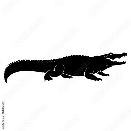 Silhouette of a crocodile or alligator in profile on a white square against black silhouette