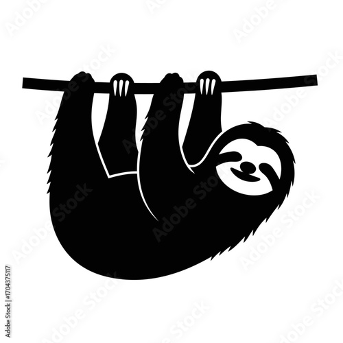 Charming black and white silhouette of a sloth hanging from a branch silhouette