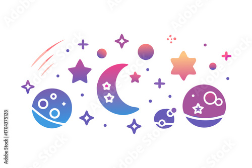 Assortment of abstract celestial shapes like moons, stars, and planets with vibrant gradient colors