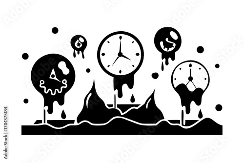 Black and white illustration of melting clocks and abstract shapes