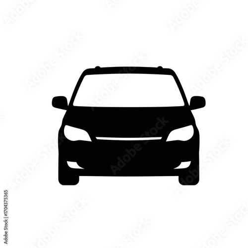 Front view silhouette of a modern car isolated in a simple square frame silhouette