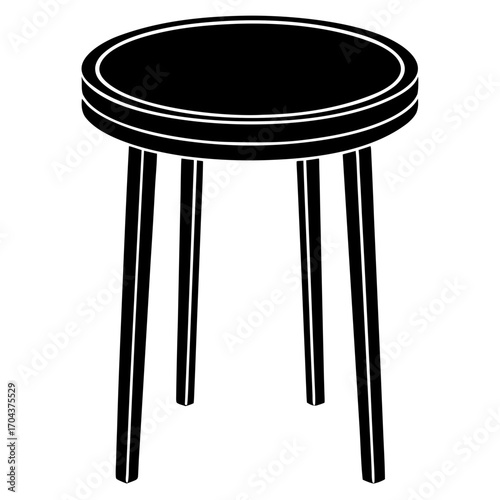 Simple black silhouette of a round top stool with four legs isolated on white background