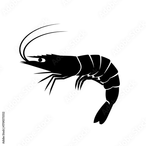 Black and white shrimp silhouette with detailed outline for seafood design silhouette