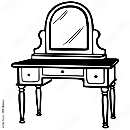 Vintage vanity table with mirror and drawers silhouette isolated on white background
