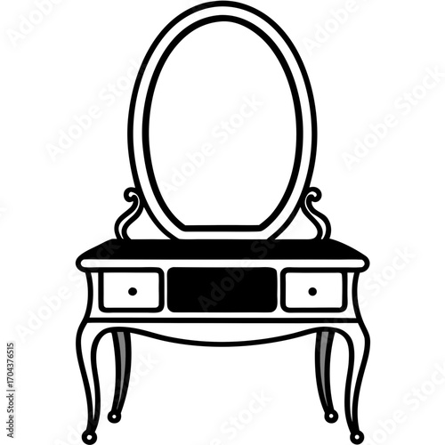 Elegant oval mirror vanity table with drawers and ornate legs silhouette isolated on white background