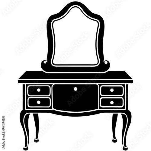 Elegant antique vanity table with ornate mirror and drawers silhouette isolated on white background