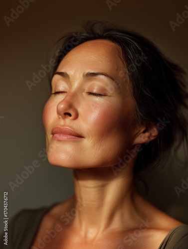 Serene mature woman meditating indoors with calm expression photo realistic portrait.