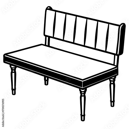 Classic upholstered bench with a high back and turned legs silhouette isolated on white background