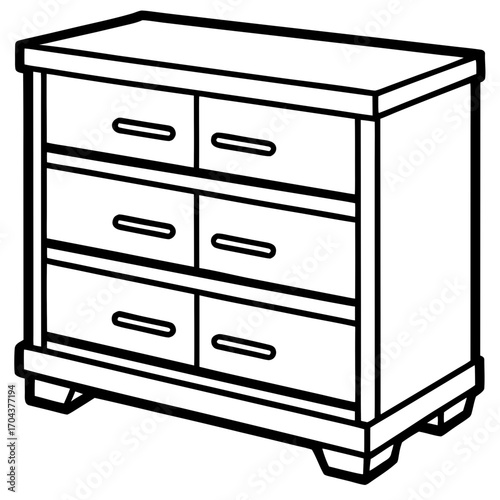 A black and white silhouette of a six drawer dresser isolated on white background