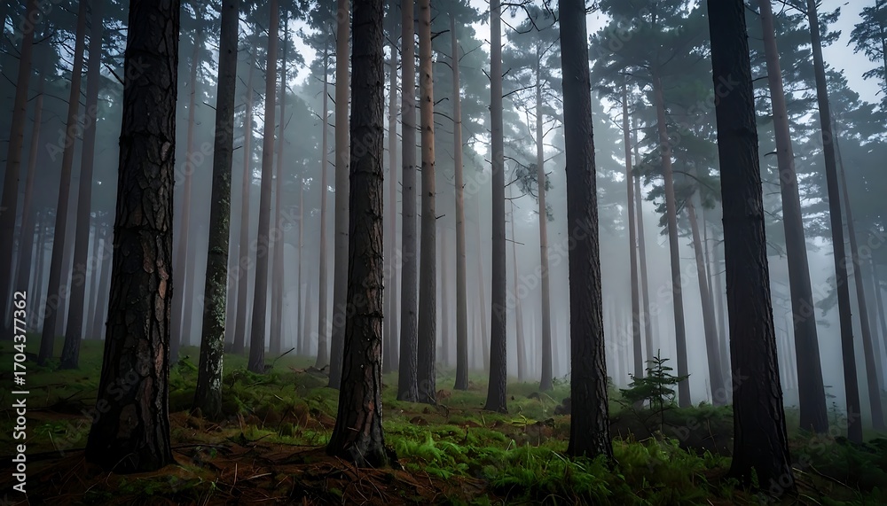 Fototapeta premium Tall, dark, and misty pine forest with a sense of mystery. The sun struggles to penetrate the fog amongst the trunks