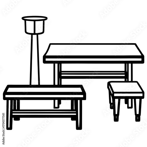 Simple line art silhouette of a picnic table with benches and a stool isolated on white background