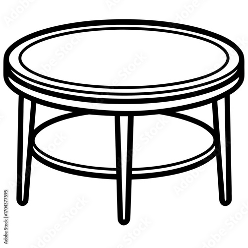 A simple black line drawing of a round coffee table with a lower shelf isolated on white background silhouette