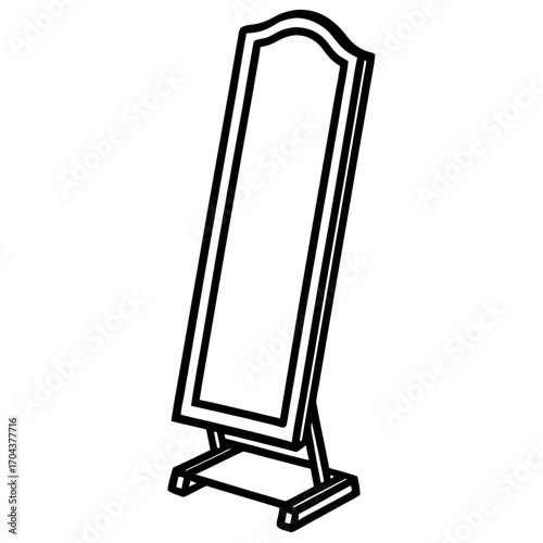 A tall freestanding mirror with a curved top frame silhouette isolated on white background