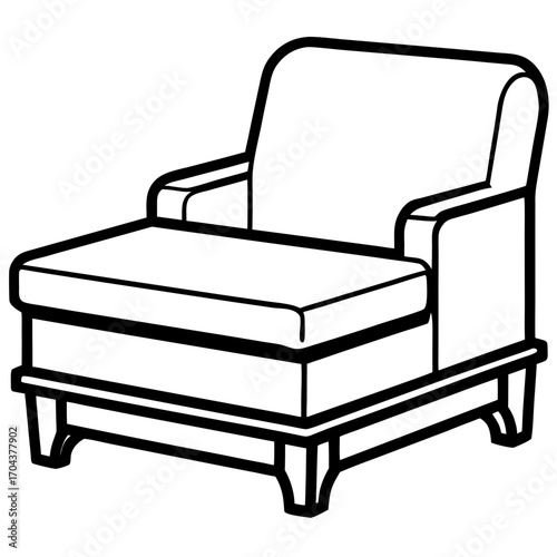 A simple black and white line drawing of a comfortable armchair with a chaise lounge extension isolated on white background silhouette