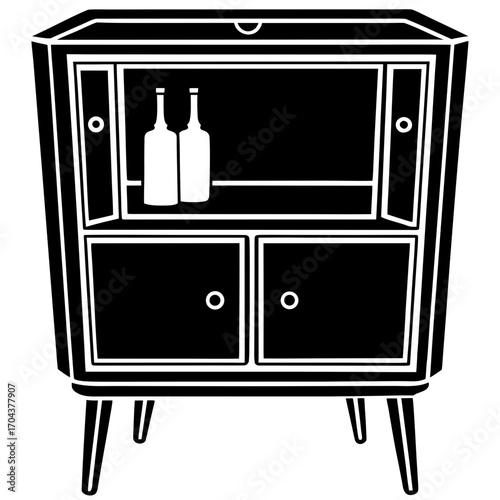 Retro mid century modern bar cabinet silhouette with bottles isolated on white background