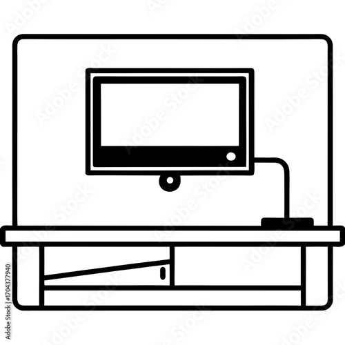 Modern flat screen television mounted above a sleek entertainment stand silhouette isolated on white background