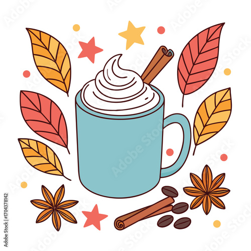 Autumn leaves and star anise surrounds a latte served in a blue mug