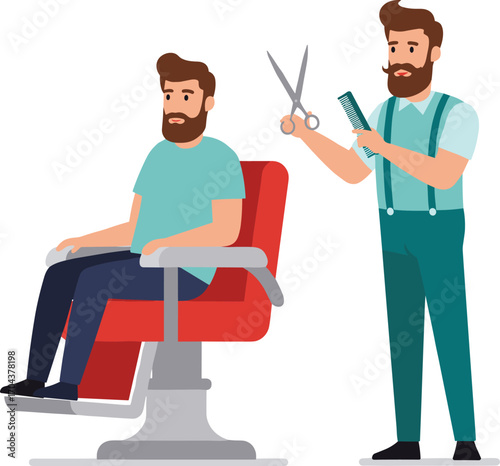 Cartoon barbershop scene, haircut session, barber with scissors, grooming service, client in chair, vector illustration, hairstyle, beard trim, salon, styling