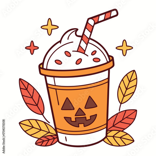 Cartoon pumpkin cup with whipped cream and striped straw is surrounded by autumn leaves