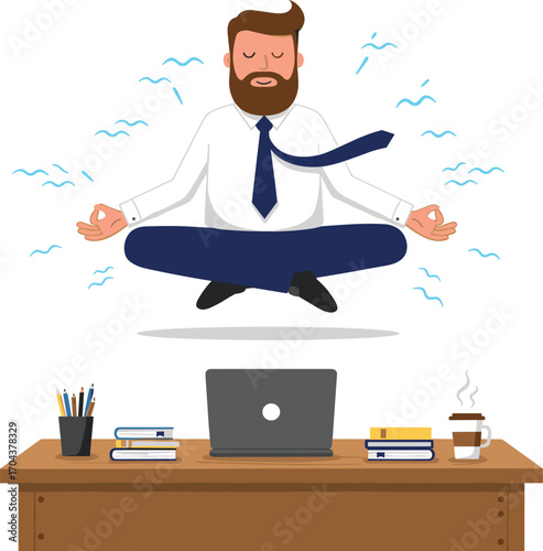 Cartoon businessman, meditation pose, levitating above desk, vector illustration, mindfulness at work, calm emotion, office balance, stress relief, beard, tie