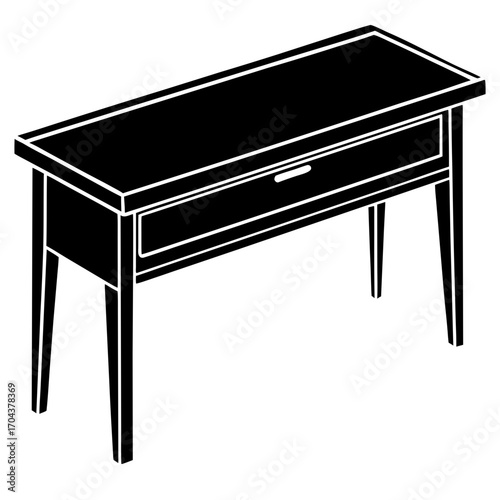 A minimalist black silhouette of a narrow console table with a single drawer isolated on white background
