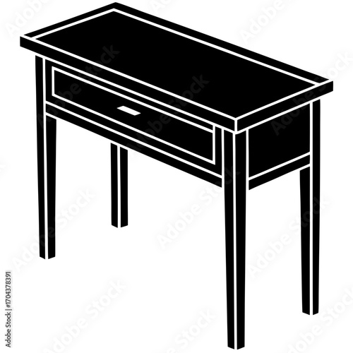 Black silhouette of a narrow console table with one drawer isolated on white background
