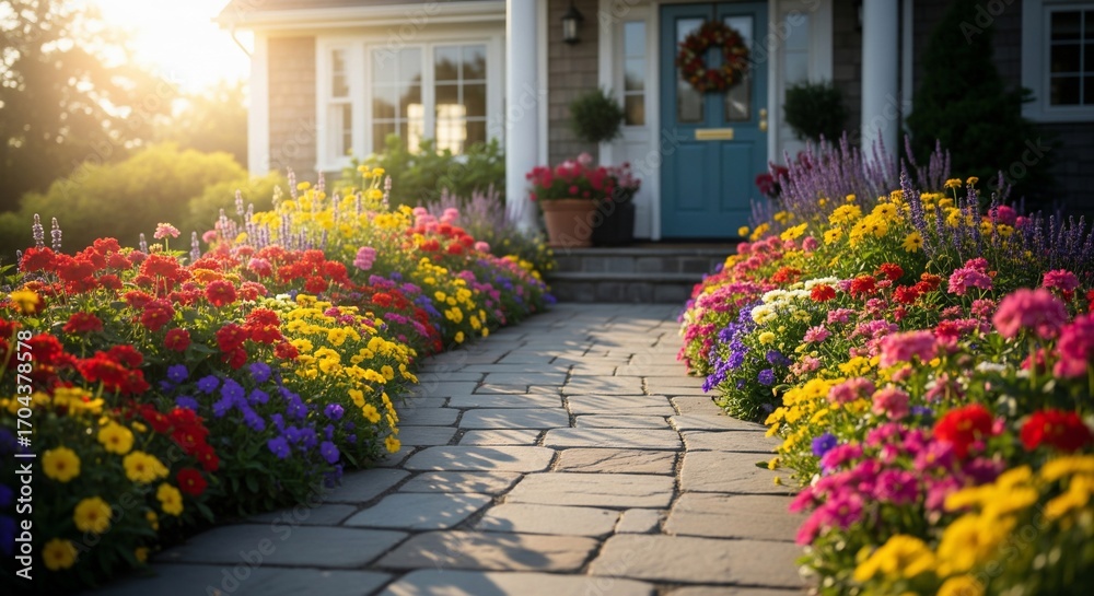 Obraz premium Beautiful Flower Garden Pathway Leading to a Charming House.