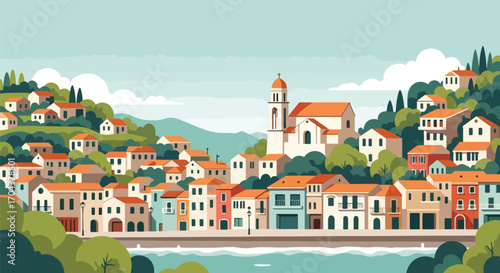 Flat vector illustration of a colorful Mediterranean town with domed churches, bell towers, and hillside houses, evoking the charm of Italian, Spanish, or Greek coastal villages