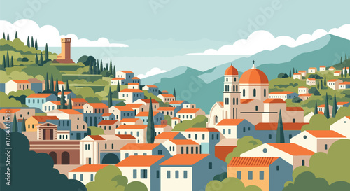 Flat vector illustration of a colorful Mediterranean town with domed churches, bell towers, and hillside houses, evoking the charm of Italian, Spanish, or Greek coastal villages