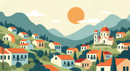 Flat vector illustration of a colorful Mediterranean town with domed churches, bell towers, and hillside houses, evoking the charm of Italian, Spanish, or Greek coastal villages